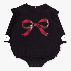 Ruffle Butts Plaid Bow on a Black Long Sleeve Bubble Romper